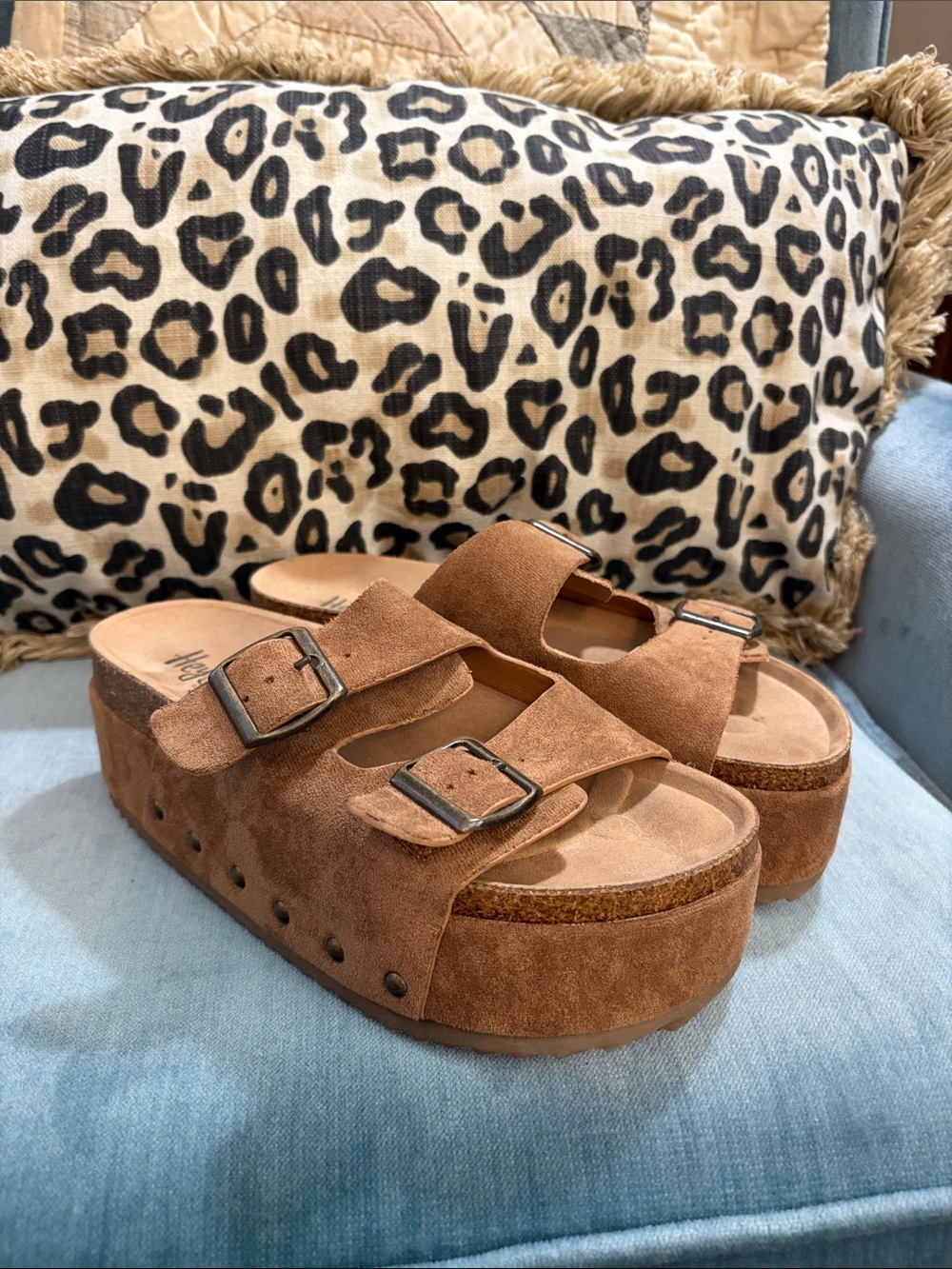 Hey Girl by Corky’s Platform Suede Double-Buckle Slide Sandals in Brown